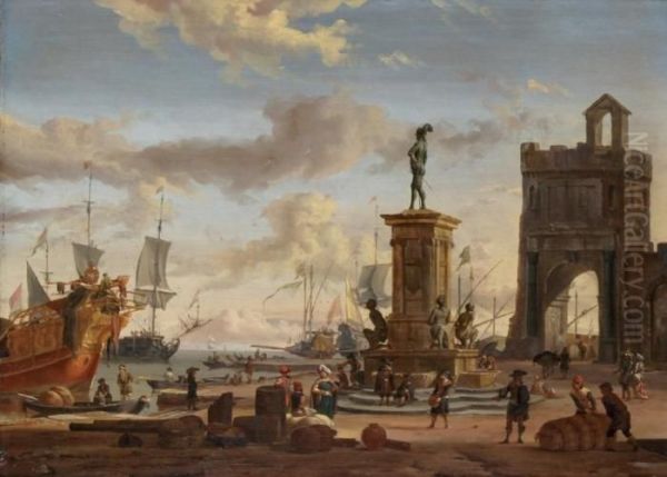 Orientaux Dans Un Port Mediterraneen Oil Painting by Abraham Storck