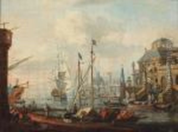 A Mediterranean Harbour View With Stevedores Loading Oil Painting by Abraham Storck