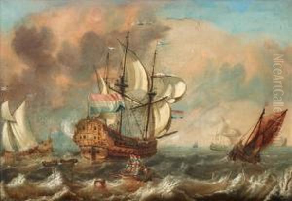 Marine With Dutch Flag Vessels Oil Painting by Abraham Storck