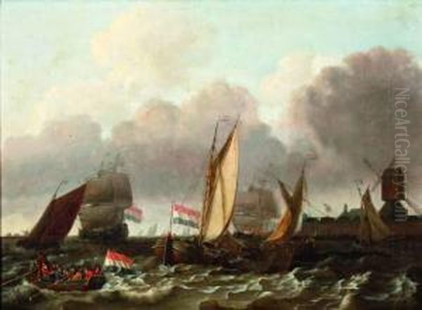 Schepen Onder Nederlandse Vlag Bij Een Havenhoofd Oil Painting by Abraham Storck