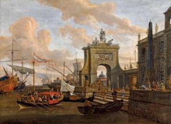 Embarquement Dans Un Port Mediterraneen Avec Une Arche Romaine Et Un Obelisque Oil Painting by Abraham Storck