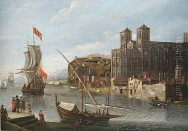 Nordlicher Hafen An Einer Kathedrale Mit Segelbooten, Lastkahnen, Kaufleuten Und Reisenden Oil Painting by Jacobus Storck