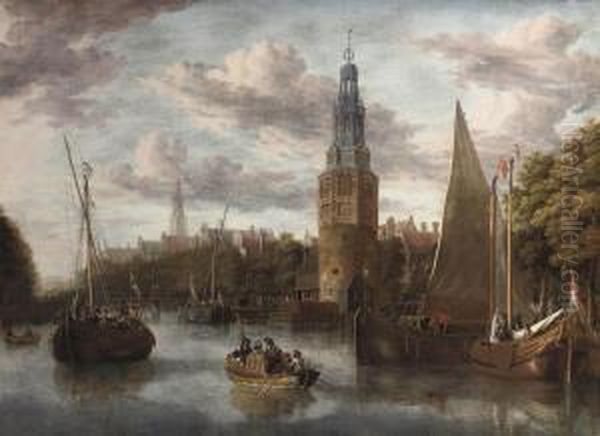 The Embarkation Of The Troops Near The Montelbaanstoren At The Oudeschans, Amsterdam, The 'scheepjesbrug' To The Left And Thezuiderkerk In The Distance Oil Painting by Jacobus Storck