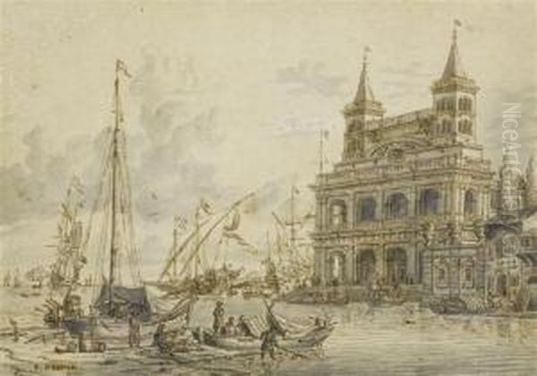 Capriccio Of A Mediterraneanharbour. Oil Painting by Jacobus Storck