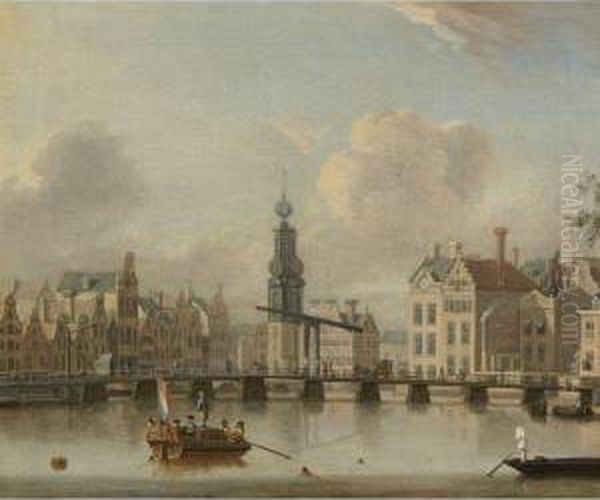 View Of Amsterdam With The Singel And Munttower, With Figurescrossing A Bridge And Swimming In The Foreground Oil Painting by Jacobus Storck