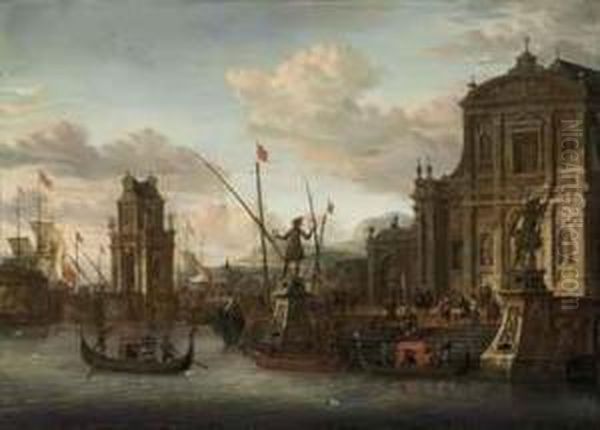 A Capriccio Of A Mediterranean Harbour With A Dutch Ship At Anchor,a Churchyard With A Classical Column On The Embankment, Figuresdescending To The Beach The Steps Of A Baroque Church Oil Painting by Jacobus Storck