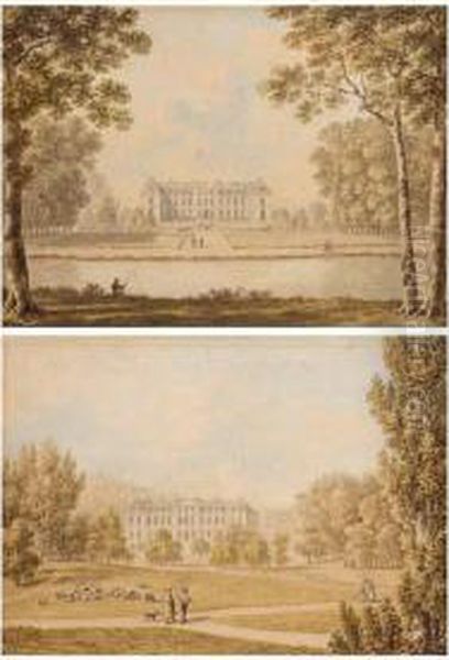 A Chateau Seen From The Front, Beyond A River And Formal Gardens; And The Same Chateau Seen From The Back, Across Parkland With Sheep Grazing Oil Painting by Felice Storelli