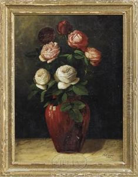 Redvase Of Roses Oil Painting by Charles Storer