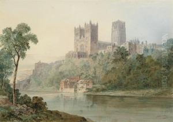 A View Of Durham Cathedral From The River Wear Oil Painting by John Storey