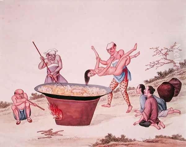 Plunging a woman into boiling water Oil Painting by Anonymous Artist