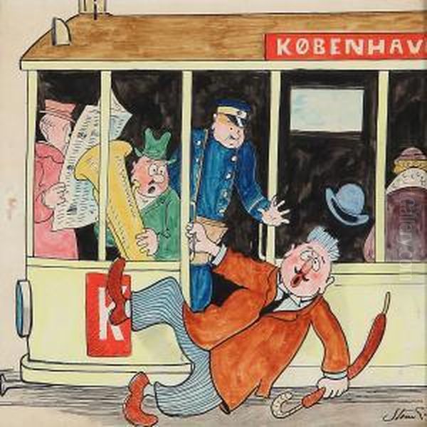 People In The Tram Oil Painting by Robert Storm Petersen