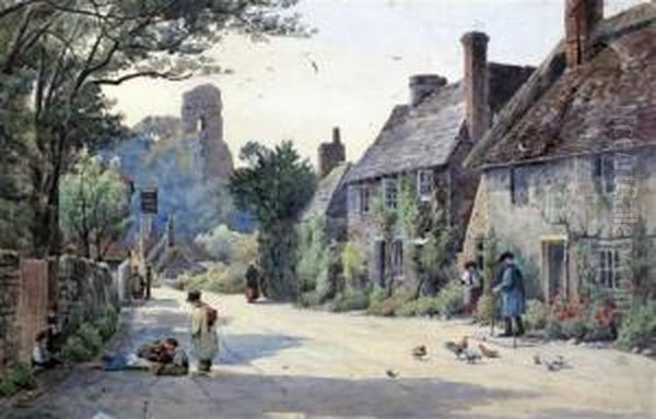 Corfe Castle; Figures In The Village Street Oil Painting by Howard Gull Stormont