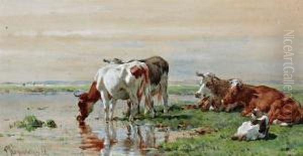 Koeien Aan De Waterkant In Zomers Polderlandschap Oil Painting by Pieter Stortenbeker