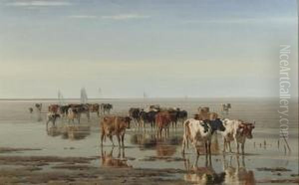 Cattle On The Beach At Low Tide Oil Painting by Pieter Stortenbeker