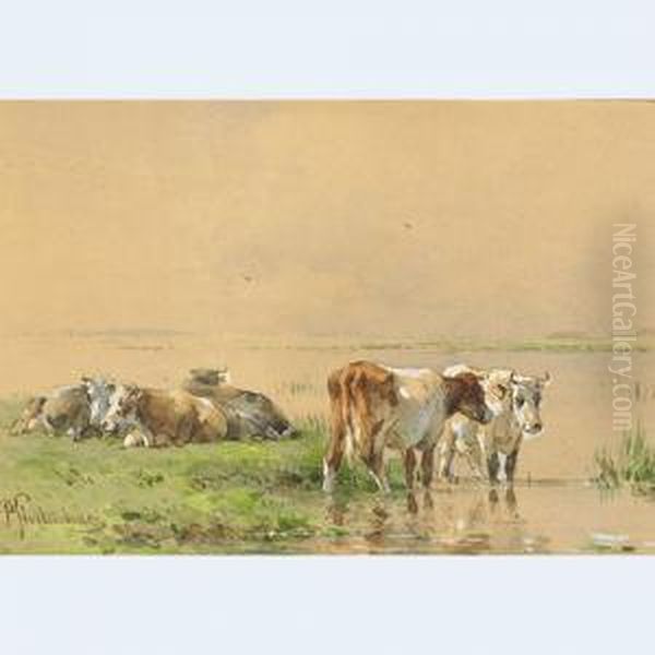 Cattle Resting And Watering Oil Painting by Pieter Stortenbeker