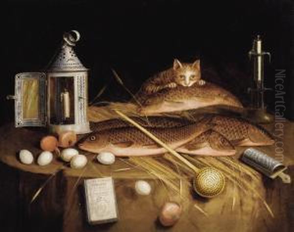 Kitchen Still Life With Fish And Cat Oil Painting by Sebastien Stoskopff