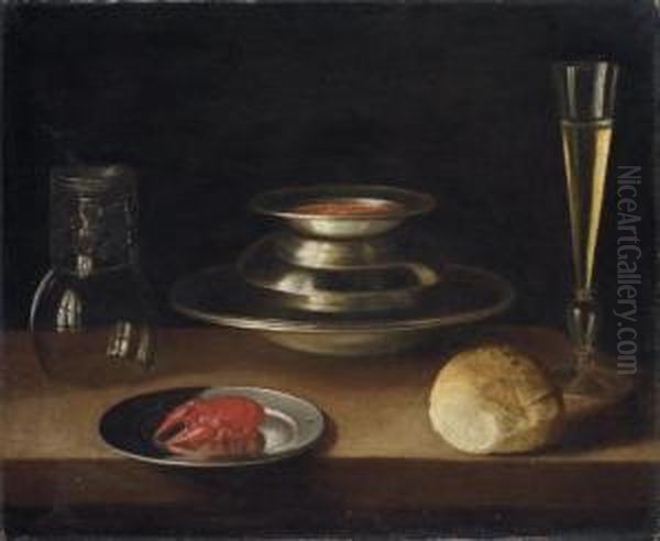 Bread, A Carafe Of Wine, An Upturned 
Roemer
 And A Crayfish On A Plate With A Bowl Of Soup And Glass Of Wine Oil Painting by Sebastien Stoskopff