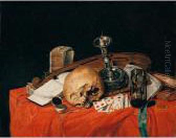 Still Life With A Skull, A Violin, An Hourglass, Books And A Pack Of Cards, Toegther On A Red Table Cloth Oil Painting by Sebastien Stoskopff