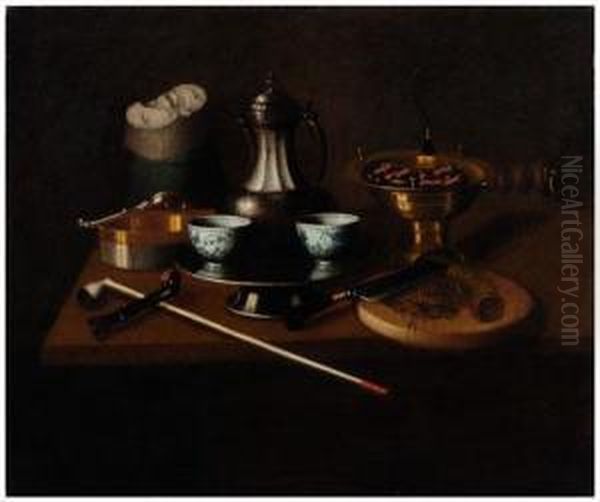 Still Life Of Table Top Holding A Brazier With Hot Coals Oil Painting by Sebastien Stoskopff