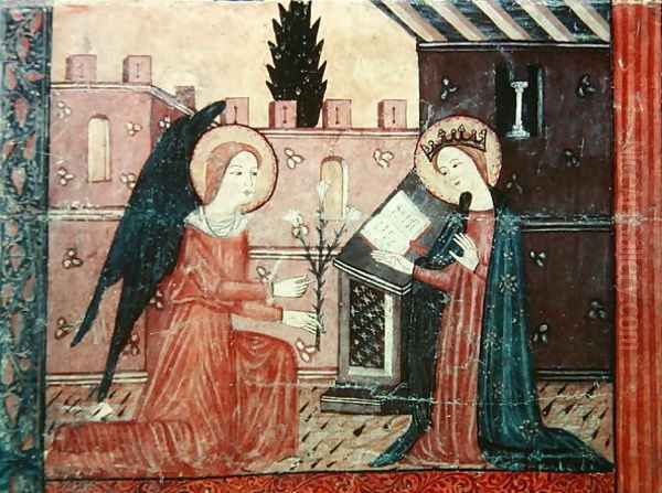 The Annunciation, from the altar frontal of 'The Virgin with Roses', c.1350 Oil Painting by Anonymous Artist