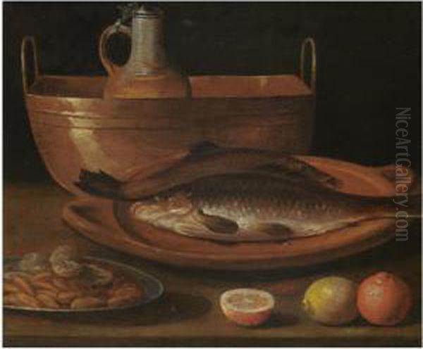 A Still Life With Carp On A Plate, A Pitcher In A Bucket, Almonds And Citrus Fruits On A Table Oil Painting by Sebastien Stoskopff