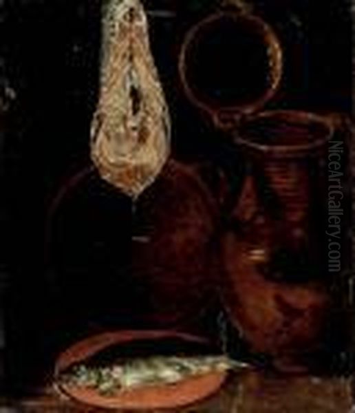 A Water Jug, A Fish On A Plate, A Cut Of Salmon And A Colander, On A Table, A Fragment Oil Painting by Sebastien Stoskopff