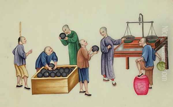 Chinese dealers testing and weighing opium, from 'The Evils of Opium Smoking' Oil Painting by Anonymous Artist