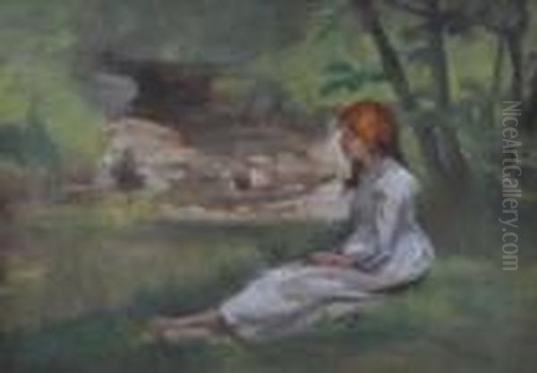 A Young Girl Sitting By The River Bank. Oil Painting by Edward William Stott