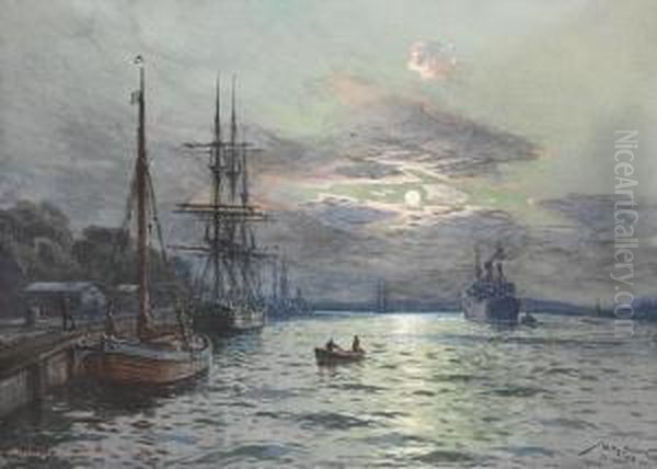 Mondnacht Im Swinemunder Hafen Oil Painting by Willy Stower