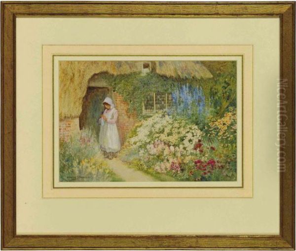 An English Cottage Garden Oil Painting by Arthur Claude Strachan