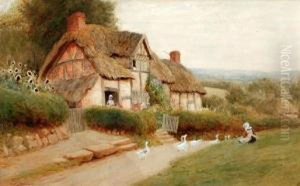 Geese On A Lane Before A Thatched Cottage Oil Painting by Arthur Claude Strachan