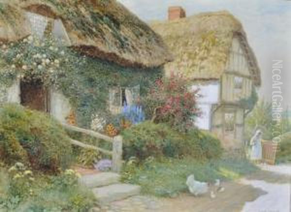 Girl And Poultry Outside A Thatched Cottage Oil Painting by Arthur Claude Strachan