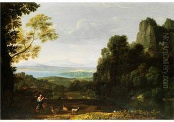 Ideale Flusslandschaft Mit Brucke Und Schalmeiblasendem Hirten Oil Painting by Ludwig Philipp Strack