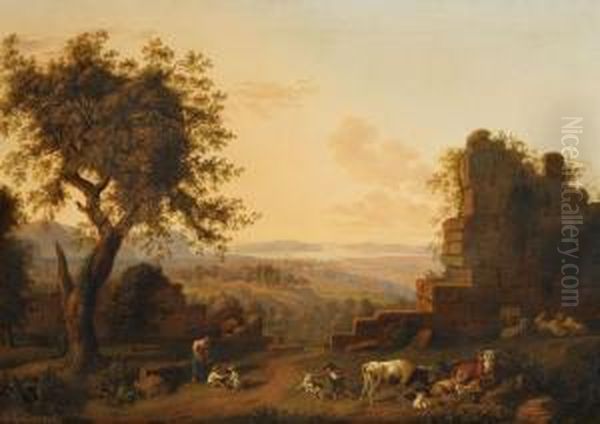 Klassische Landschaft Mit Ruinen Und Tieren Oil Painting by Ludwig Philipp Strack