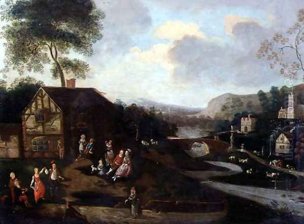 Figures Dancing and Merrymaking, a Village, Kermesse in a river landscape Oil Painting by Anonymous Artist