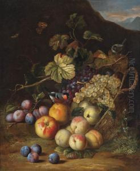 A Basket Of Apples, Plums, Peaches And Grapes With A Bullfinch And Moths, A Mountainous Landscape Beyond Oil Painting by Tobias Stranover