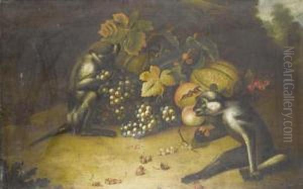 Two Monkeys Playing With Grapes And Strawberries, Before A Landscape Oil Painting by Tobias Stranover