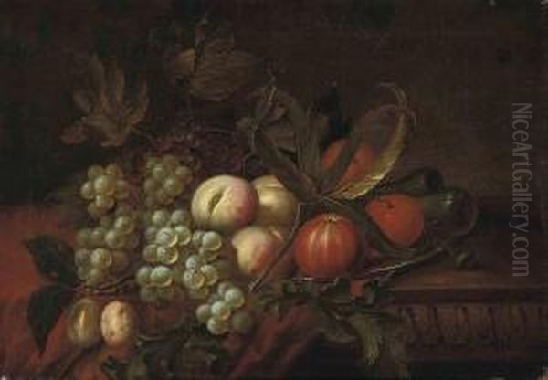 Grapes, Oranges, Peaches And A Pomegranate On A Pewter Platter, Ona Partly-draped Table Oil Painting by Tobias Stranover