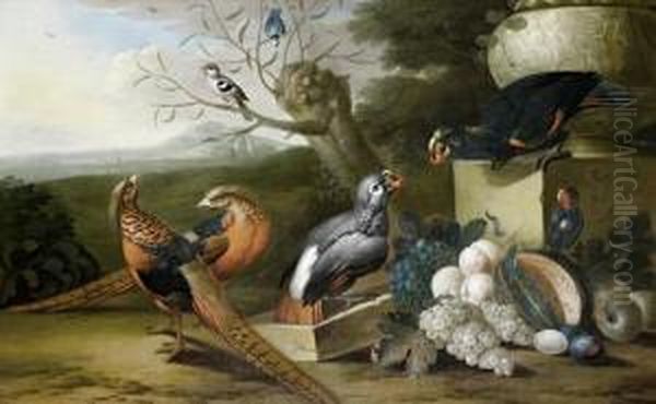 A Parkland Setting With Pheasants, Parrots Andother Birds, Together With A Still Life Of Red And White Grapes Anda Cut Melon Oil Painting by Tobias Stranover