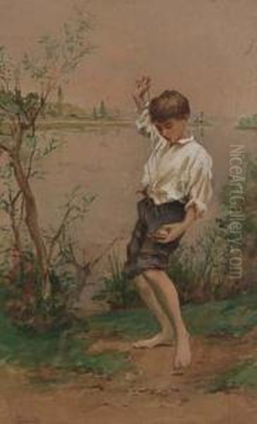 Ragazzo Con Fionda, Al Po In Borgata Rosa Oil Painting by Carlo Stratta