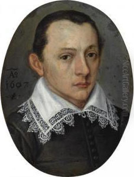 Portrait Of A Young Man, Head And Shoulders, In A Black Robe With A White Lace Collar Oil Painting by Lorenz Strauch