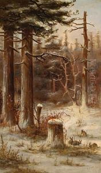 Rabbits In The Snow Oil Painting by Meyer Straus