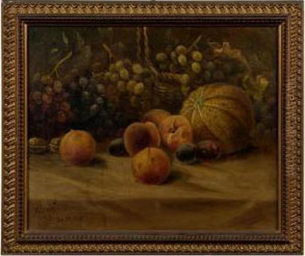 Still Life Of Peaches, Plums, Grapes And Cantaloupe. Oil Painting by Meyer Straus