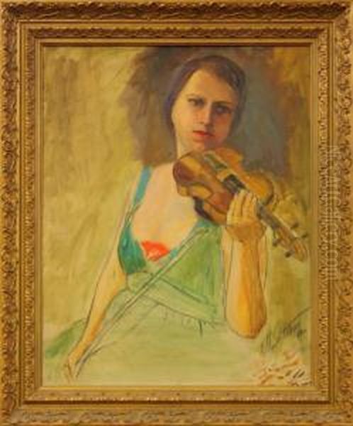 Portrait Of A Woman Playinga Violin Oil Painting by Mitteldorfer Straus