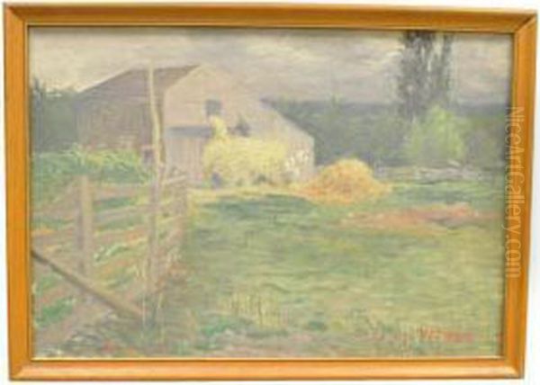 Landscape With Man On Haywagon At Grey Barn Oil Painting by Harold A. Streator