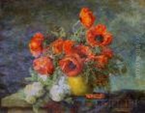 Still Life Of Poppies Oil Painting by Max Theodor Streckenbach