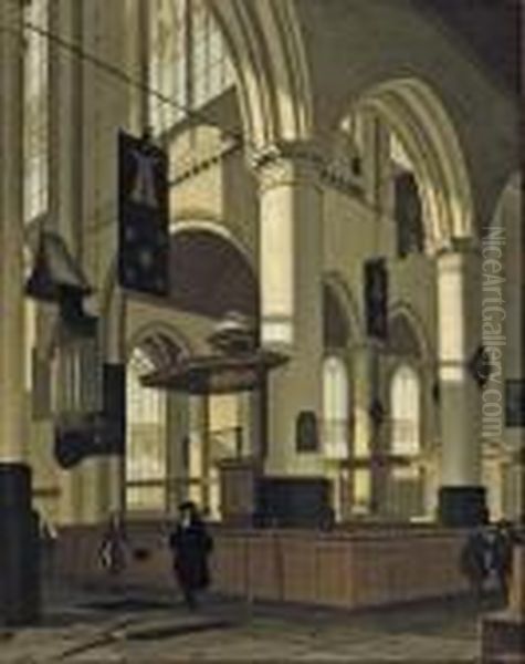 A Protestant Gothic Church Interior With An Elegant Man By A Grave Oil Painting by Streek Hendrik Van