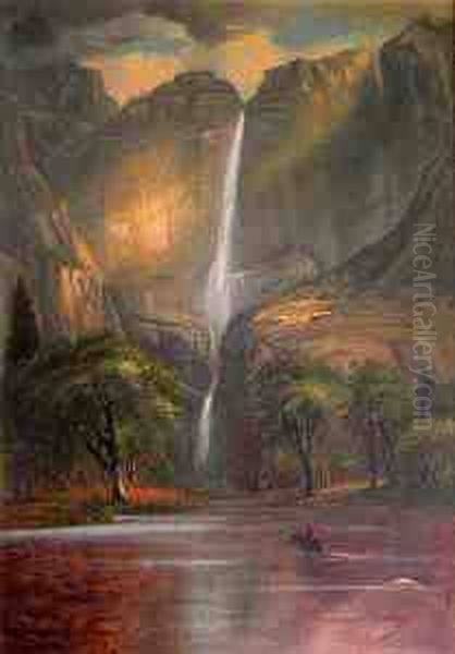 Yosemite Falls With Indian Encampment Oil Painting by Florence Nightingale Street