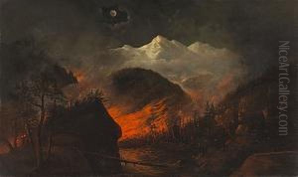 Forest Fire At Night Oil Painting by Howard A. Streight