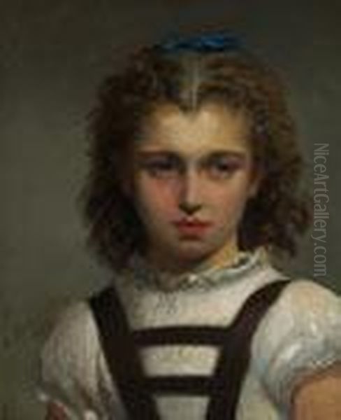 Young Girl With A Blue Ribbon Oil Painting by Ludwig Streitenfeld